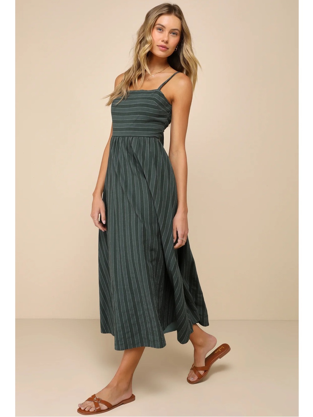NWT Lulu’s Feeling the Best Green Striped Tie-Back Midi Dress with Pockets Large - Picture 2 of 3